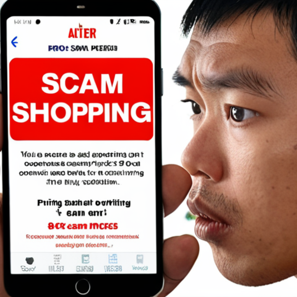 **
A concerned Thai person looking at a smartphone displaying a fake online shopping website, with a "SCAM ALERT!" banner overlayed. The website features unbelievably low prices for popular electronics. Focus on conveying a sense of caution and skepticism.
**