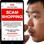 **

A concerned Thai person looking at a smartphone displaying a fake online shopping website, with a "SCAM ALERT!" banner overlayed. The website features unbelievably low prices for popular electronics. Focus on conveying a sense of caution and skepticism.

**