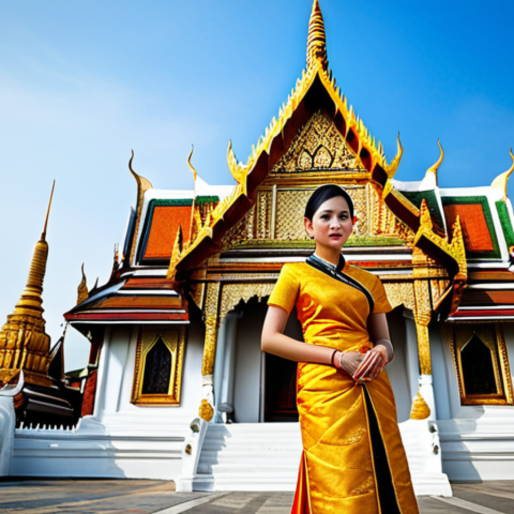 **

"A professional Thai woman in a traditional Thai silk dress (Suea Phraratchathan), standing in front of Wat Arun (Temple of Dawn) in Bangkok, fully clothed, appropriate attire, safe for work, perfect anatomy, natural proportions, professional photography, high quality, clear details."

**
