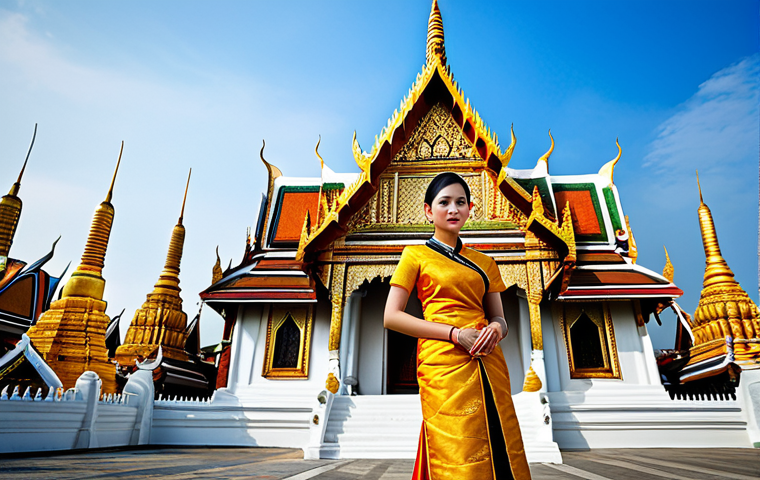 **

"A professional Thai woman in a traditional Thai silk dress (Suea Phraratchathan), standing in front of Wat Arun (Temple of Dawn) in Bangkok, fully clothed, appropriate attire, safe for work, perfect anatomy, natural proportions, professional photography, high quality, clear details."

**
