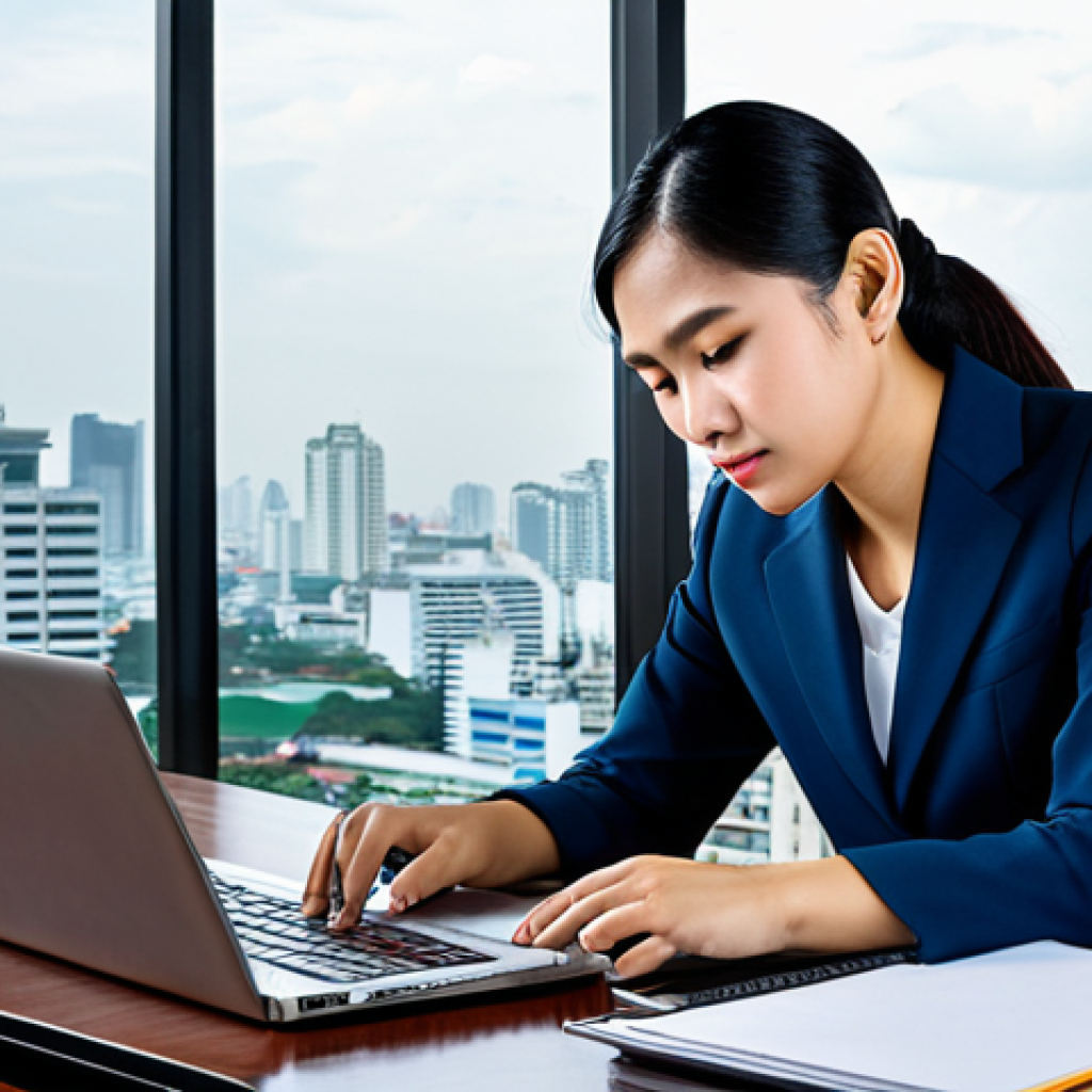 Professional Office Scene**

"A professional Thai businesswoman in a modest, tailored suit, working on a laptop at a modern office desk. Large windows overlook the Bangkok skyline. Fully clothed, appropriate attire, safe for work, perfect anatomy, natural proportions, professional photography, high quality, family-friendly."

**
