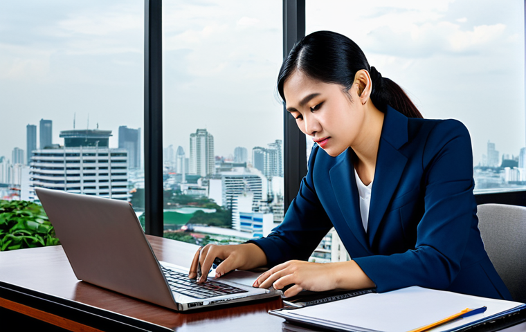 Professional Office Scene**
"A professional Thai businesswoman in a modest, tailored suit, working on a laptop at a modern office desk. Large windows overlook the Bangkok skyline. Fully clothed, appropriate attire, safe for work, perfect anatomy, natural proportions, professional photography, high quality, family-friendly."
**