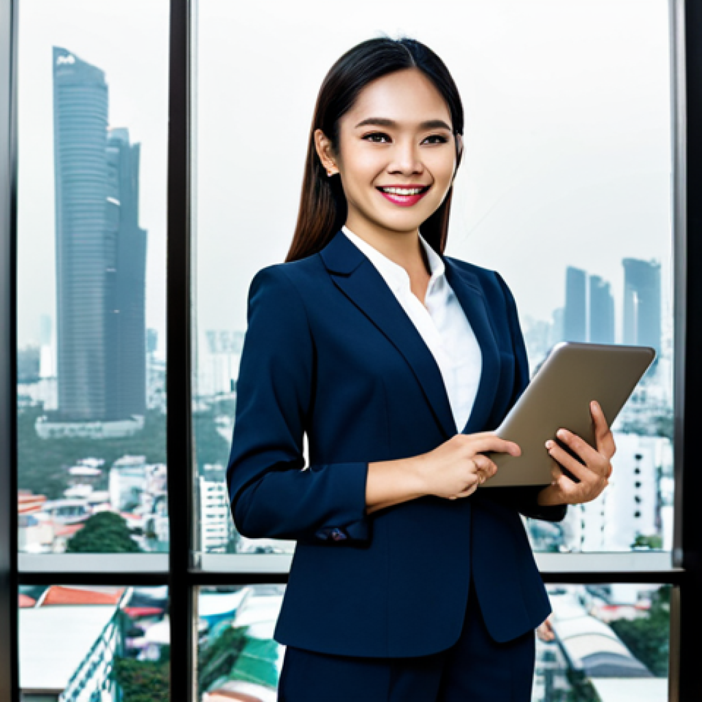 ** A professional Thai businesswoman in a modest, tailored business suit, standing in a modern Bangkok office overlooking the cityscape. She is holding a tablet and smiling confidently. Fully clothed, appropriate attire, safe for work, perfect anatomy, natural proportions, professional photography, high quality.

**
