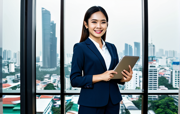 ** A professional Thai businesswoman in a modest, tailored business suit, standing in a modern Bangkok office overlooking the cityscape. She is holding a tablet and smiling confidently. Fully clothed, appropriate attire, safe for work, perfect anatomy, natural proportions, professional photography, high quality.

**