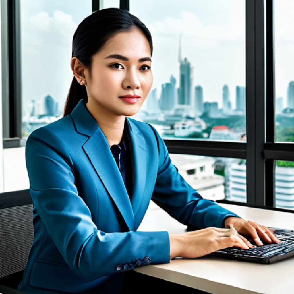 Modern Thai Office Scene**
"A professional Thai businesswoman in a modest, tailored suit, sitting at a clean desk in a bright, modern Bangkok office. Large windows overlook the city skyline. Natural light fills the room. Fully clothed, appropriate attire, safe for work, perfect anatomy, natural proportions, professional photography, high quality."
**