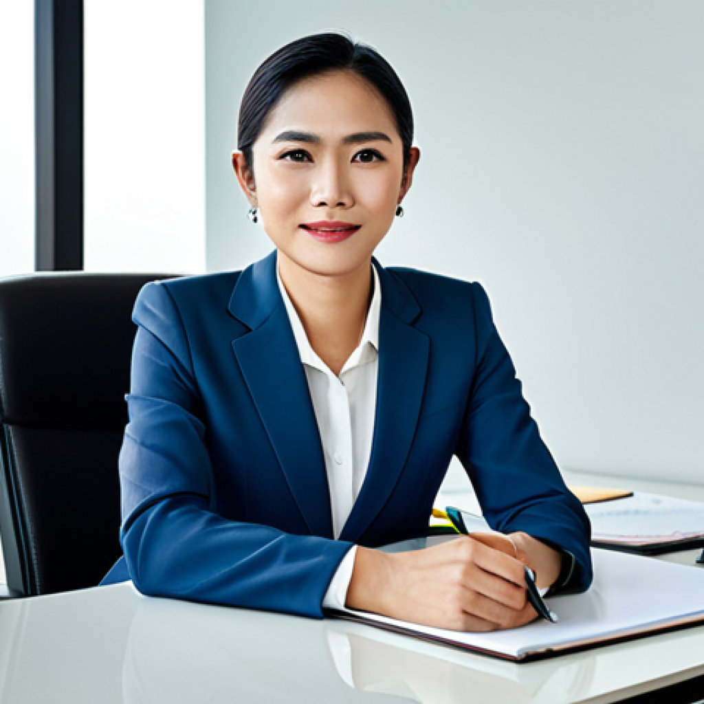 Modern Businesswoman**
"A professional businesswoman in a modest tailored suit, seated at a clean desk in a brightly lit, modern Bangkok office overlooking the Chao Phraya River, fully clothed, appropriate attire, safe for work, perfect anatomy, natural proportions, professional portrait photography, high quality, family-friendly"
**