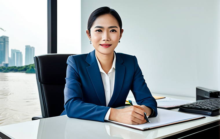 Modern Businesswoman**
"A professional businesswoman in a modest tailored suit, seated at a clean desk in a brightly lit, modern Bangkok office overlooking the Chao Phraya River, fully clothed, appropriate attire, safe for work, perfect anatomy, natural proportions, professional portrait photography, high quality, family-friendly"
**