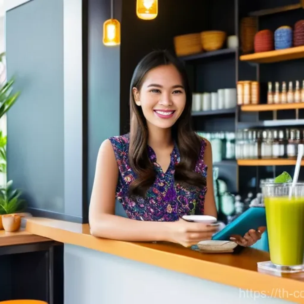 소비자 행동 데이터를 활용한 시장 예측 - **Prompt:** A vibrant and inviting Thai cafe or a modern local boutique. A cheerful young Thai femal...