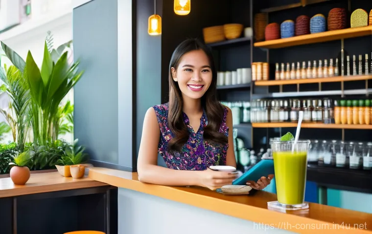 소비자 행동 데이터를 활용한 시장 예측 - **Prompt:** A vibrant and inviting Thai cafe or a modern local boutique. A cheerful young Thai femal...
