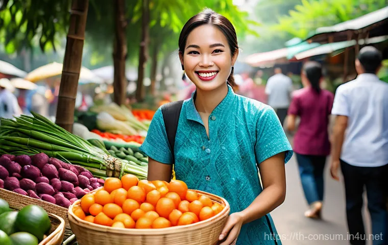소비자 행동 데이터를 활용한 지속 가능성 혁신 전략 연구와 분석 - A joyful young Thai woman with a radiant smile, thoughtfully selecting fresh, locally sourced organi...