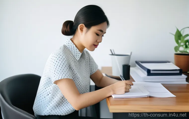 소비자분쟁 해결을 위한 협상 기술 - **Prompt:** A determined and organized young Thai woman, in her late 20s, sits at a modern wooden de...
