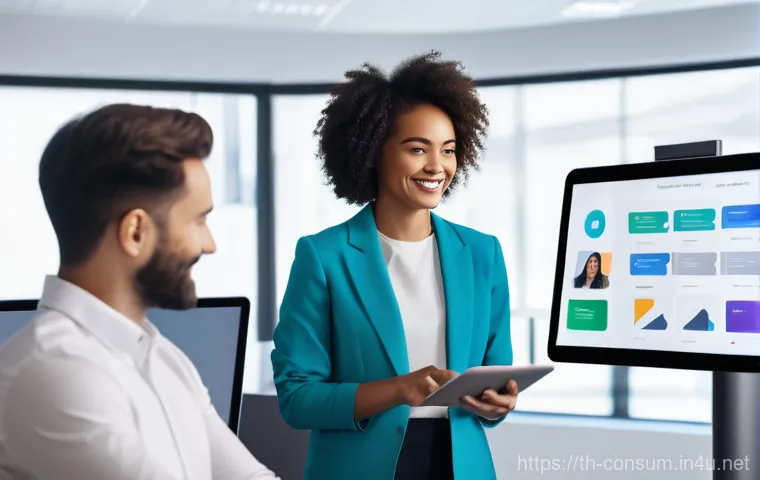 소비자전문기술사 실무 필수 도구 - A focused, professional female product manager, dressed in smart business casual attire, interacts w...