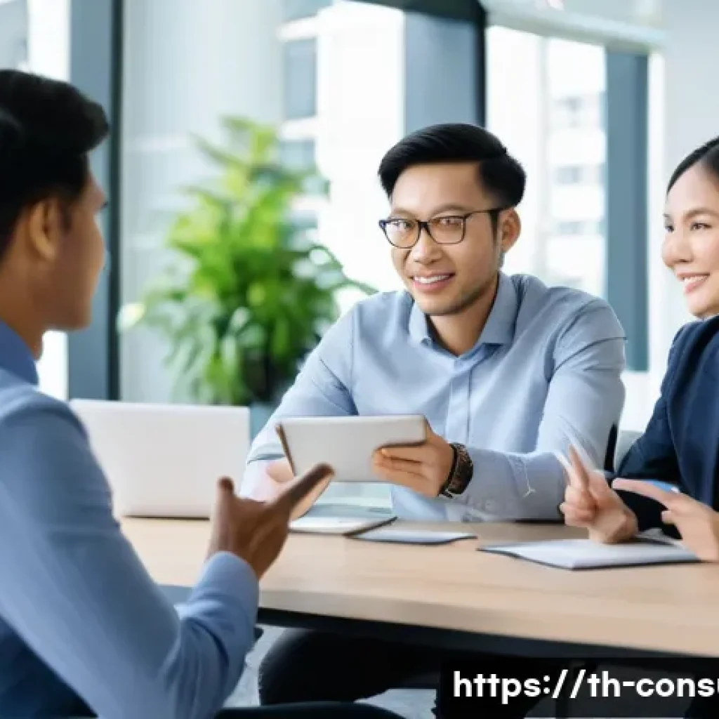 소비자중심 경영 도입의 성공적 사례 - **Prompt:** A diverse group of people, appearing to be Thai individuals, engaging in a professional ...