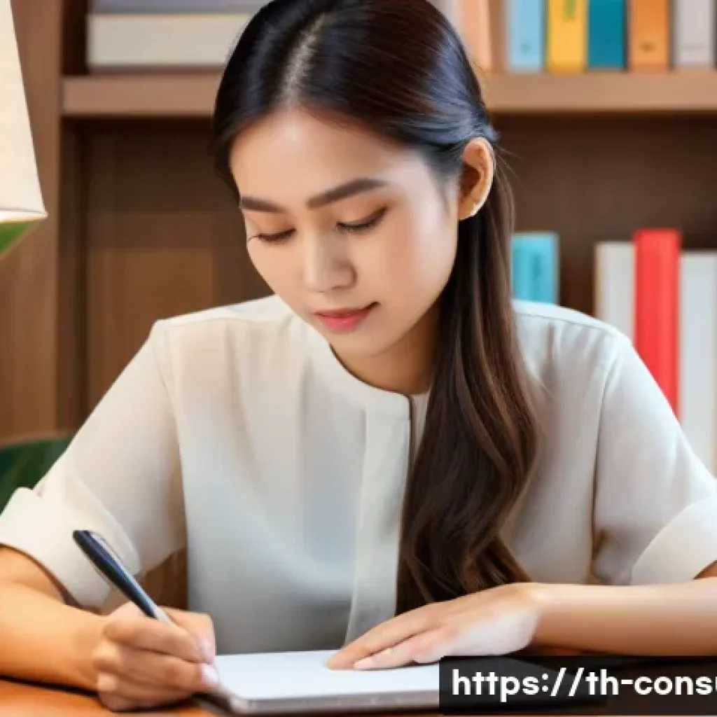 소비자분쟁 해결 모범 사례 - **A determined young Thai woman sits at a polished wooden desk in a bright, modern Thai home, focuse...