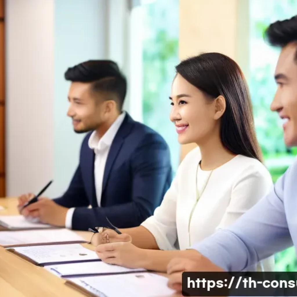 소비자 불만 관리 전략과 실행 사례 - A professional customer service team in a modern Thai office setting, attentively listening and taki...