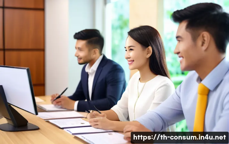 소비자 불만 관리 전략과 실행 사례 - A professional customer service team in a modern Thai office setting, attentively listening and taki...