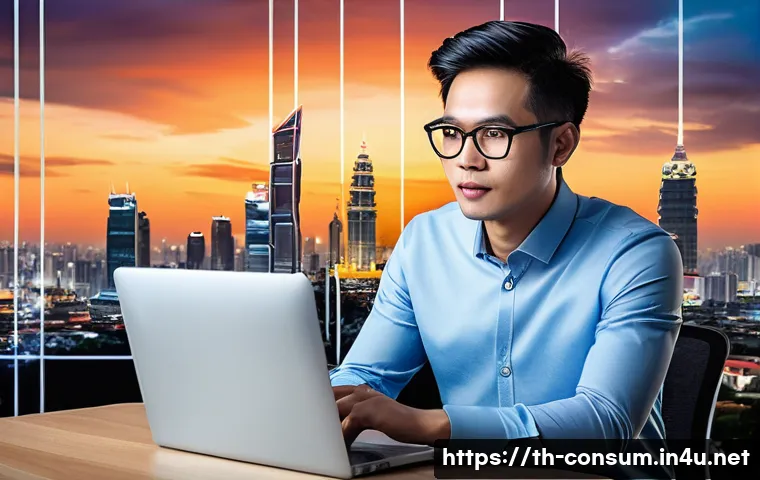 소비자전문기술사의 전문 분야 탐구 - A modern Thai technology expert in a sleek office environment, wearing smart casual attire with glas...