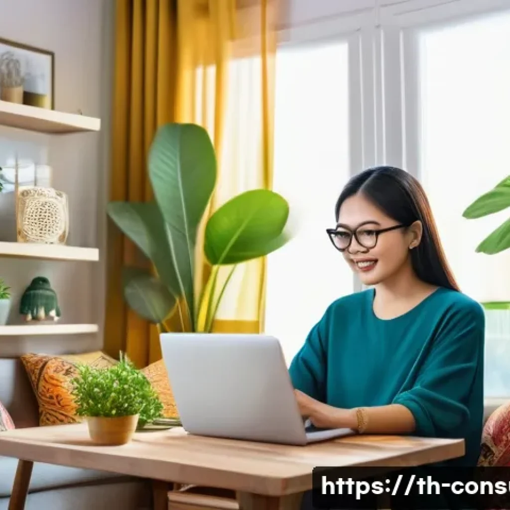 소비자 행동 변화와 비즈니스 영향 - A modern Thai woman shopping online at home using a smartphone and laptop, surrounded by colorful Th...