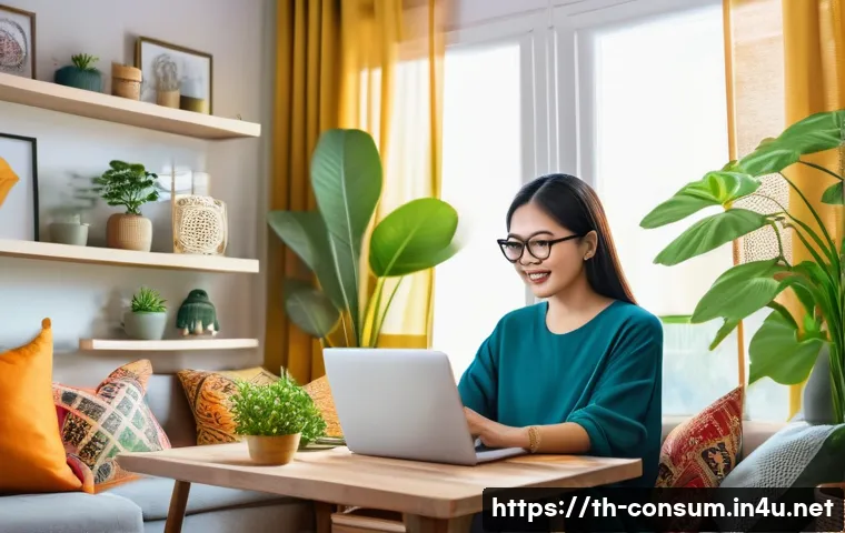 소비자 행동 변화와 비즈니스 영향 - A modern Thai woman shopping online at home using a smartphone and laptop, surrounded by colorful Th...
