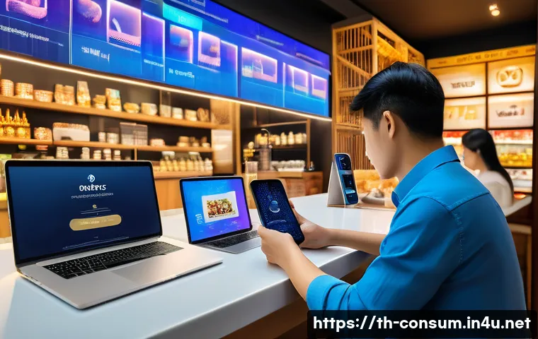 소비자 보호 관련 최신 연구와 학문적 기여 사례 연구 분석 - A modern digital marketplace scene in Bangkok, Thailand, showing diverse Thai consumers shopping onl...