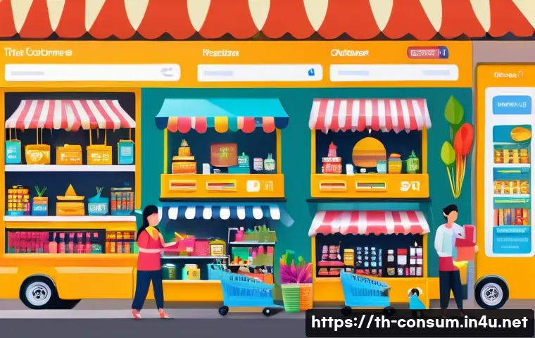 소비자 행동 데이터를 활용한 분석 기법 - A vibrant Thai online retail store scene showing a diverse group of customers browsing a colorful e-...