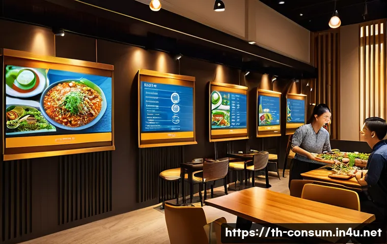 소비자 행동 데이터를 활용한 디지털 혁신 사례 연구 - A modern Thai restaurant interior scene featuring a diverse group of customers ordering healthy meal...