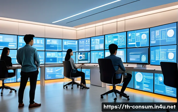 소비자 보호 관련 연구와 미래 방향 - A modern Thai digital consumer protection office scene showing diverse professionals analyzing big d...