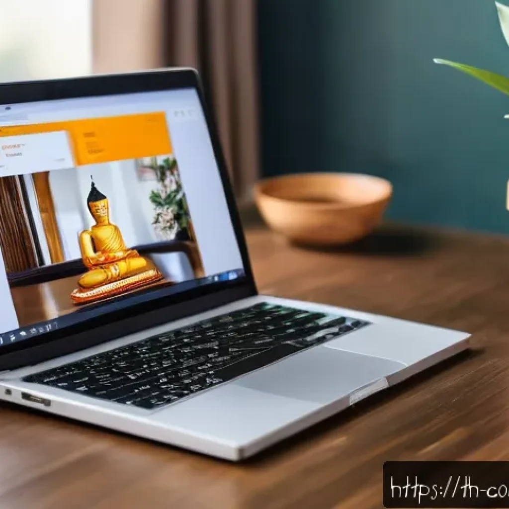 소비자 보호 관련 강의 콘텐츠 개발 - A detailed scene of a Thai online shopper sitting at a modern wooden desk with a laptop displaying a...