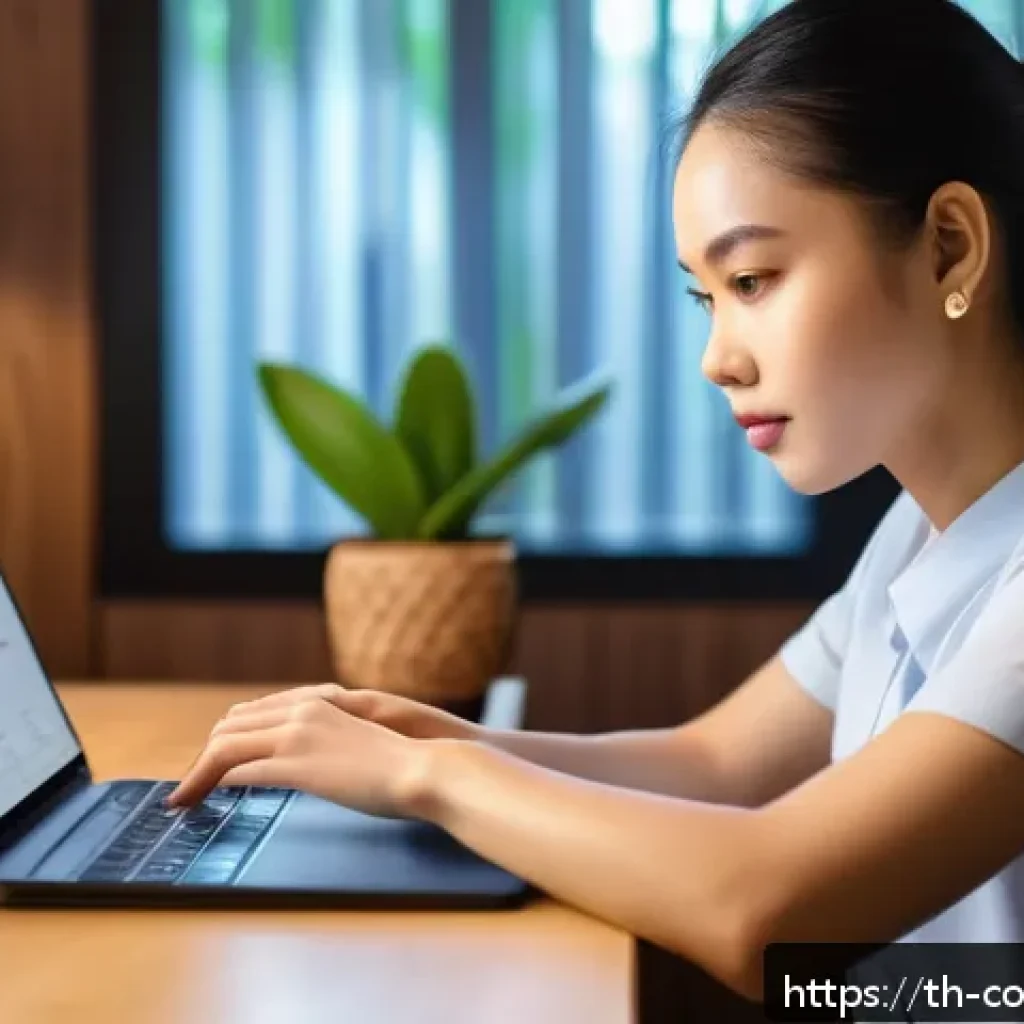 소비자 피해 예방을 위한 실무 교육 - A detailed digital illustration showing a young Thai woman sitting at a desk in a modern home office...
