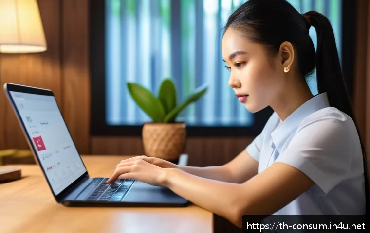 소비자 피해 예방을 위한 실무 교육 - A detailed digital illustration showing a young Thai woman sitting at a desk in a modern home office...