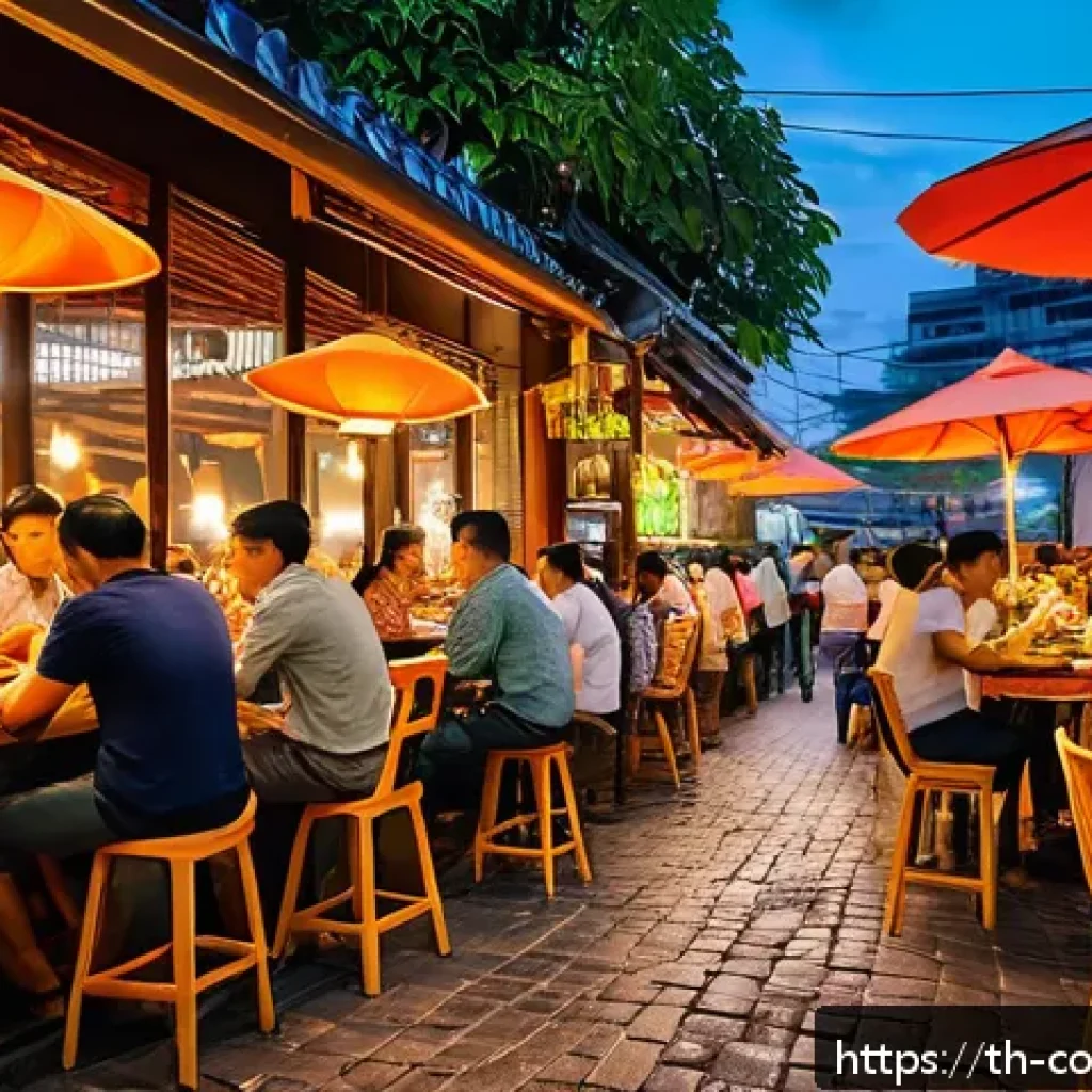 소비자 행동 데이터를 활용한 고객 분석 - A vibrant modern Thai street food restaurant scene during evening hours, with diverse customers enjo...