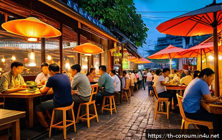 소비자 행동 데이터를 활용한 고객 분석 - A vibrant modern Thai street food restaurant scene during evening hours, with diverse customers enjo...