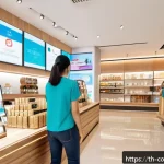 Home 22 소비자 행동 데이터와 AI 기술 활용 사례 - A modern Thai retail store scene with diverse customers browsing products, AI-powered digital screen...