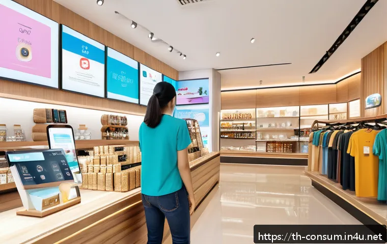 소비자 행동 데이터와 AI 기술 활용 사례 - A modern Thai retail store scene with diverse customers browsing products, AI-powered digital screen...