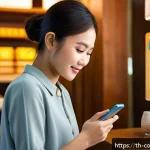 Home 21 소비자 보호와 관련된 사례 및 법적 이슈 - A detailed scene of a young Thai consumer carefully reviewing an online shopping app on a smartphone...