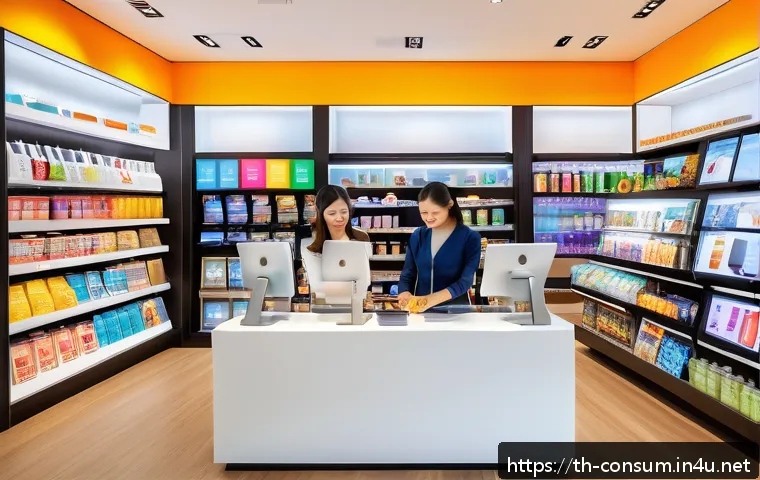 소비자 행동 데이터를 활용한 비즈니스 성공 사례 - A modern retail store interior in Bangkok with diverse Thai customers browsing personalized product ...