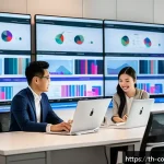 Home 19 소비자중심 경영으로 변화한 사례 연구 - A modern Thai e-commerce office scene showcasing diverse professionals analyzing customer data on la...