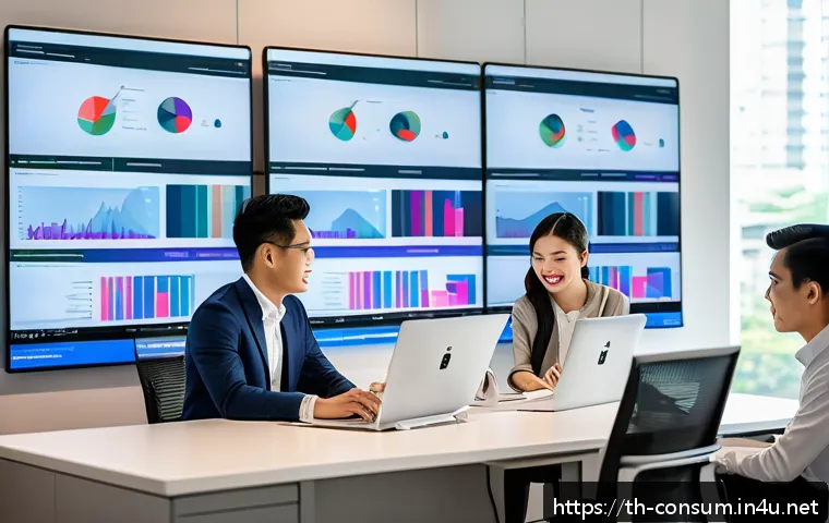 소비자중심 경영으로 변화한 사례 연구 - A modern Thai e-commerce office scene showcasing diverse professionals analyzing customer data on la...