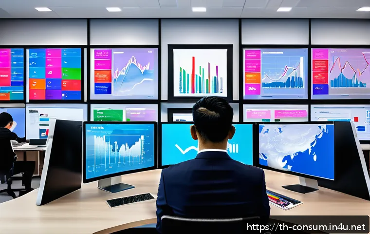 소비자 행동 데이터를 활용한 성공적인 시장 전략 - A modern Thai marketing office scene showing diverse professionals analyzing colorful digital dashbo...