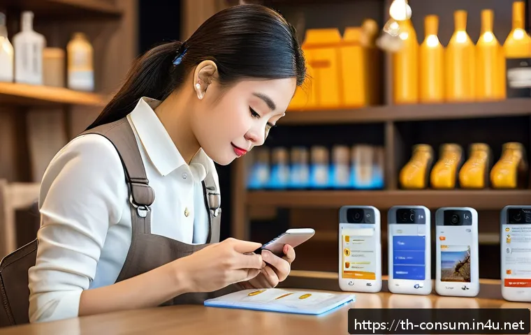 소비자 보호와 관련된 주요 이슈 분석 - A detailed scene of a Thai online shopper carefully reading product reviews on a smartphone, with mu...