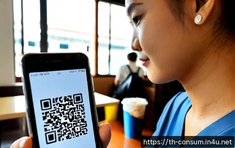 소비자 행동 변화와 디지털 트렌드 - Photorealistic modern Bangkok café scene, Thai young professional using a smartphone to scan a QR pa...